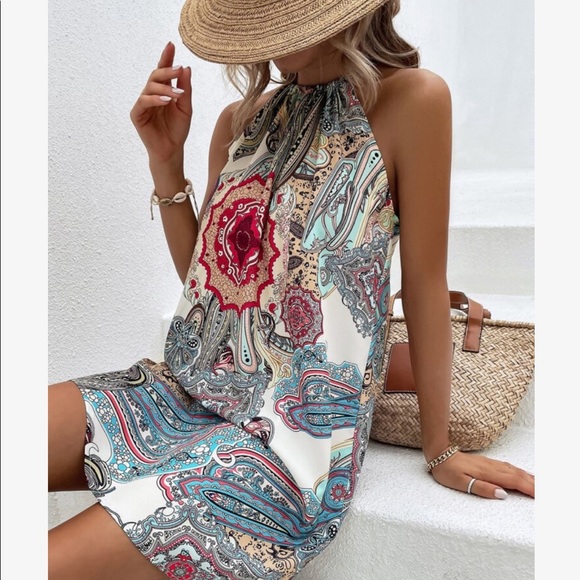 Boho Floral Paisley Print Halter Mini Dress - Picture 11 of 11